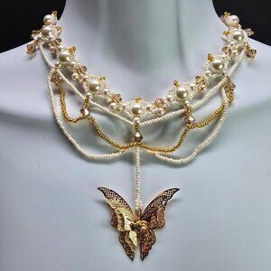 Handmade 18k Gold Plated Butterfly Victorian Choker Necklace and Earring Set